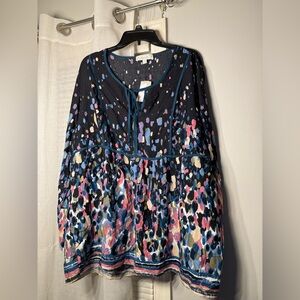 Weekend Suzanne Betro Black & Pink Abstract Tie Notch Neck Tunic Top